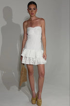 eyelet layered strapless mini dress in white