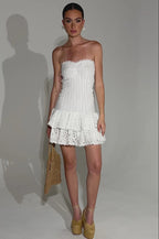 Flowering Girl Women Eyelet Layered Strapless Mini Dress In White