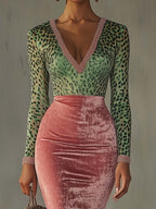 Flowering Girl Women Pink Velvet Bodycon Dress With Patchwork Webbing And Leopard Print