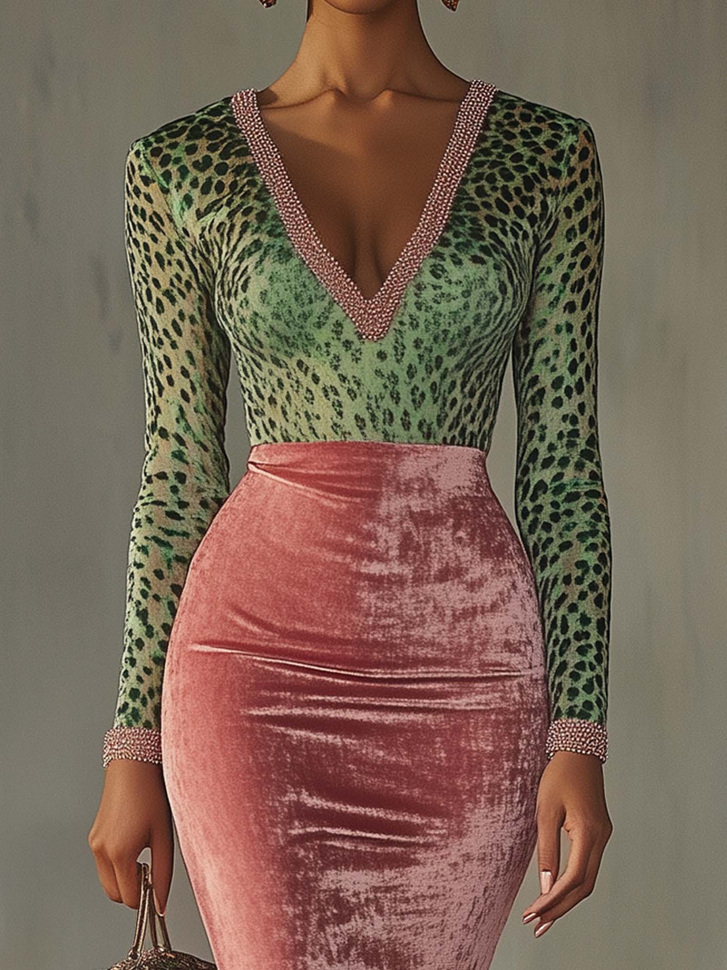Flowering Girl Women Pink Velvet Bodycon Dress With Patchwork Webbing And Leopard Print