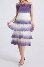 Flowering Girl Women Purple Gradient Pleated Ruffle Trim Layered Mini Dress
