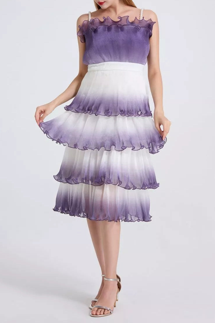 Purple Gradient Pleated Ruffle Trim Layered Mini Dress
