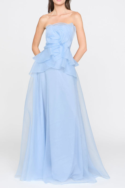 mandy off-shoulder flower ruffle maxi dress - blue