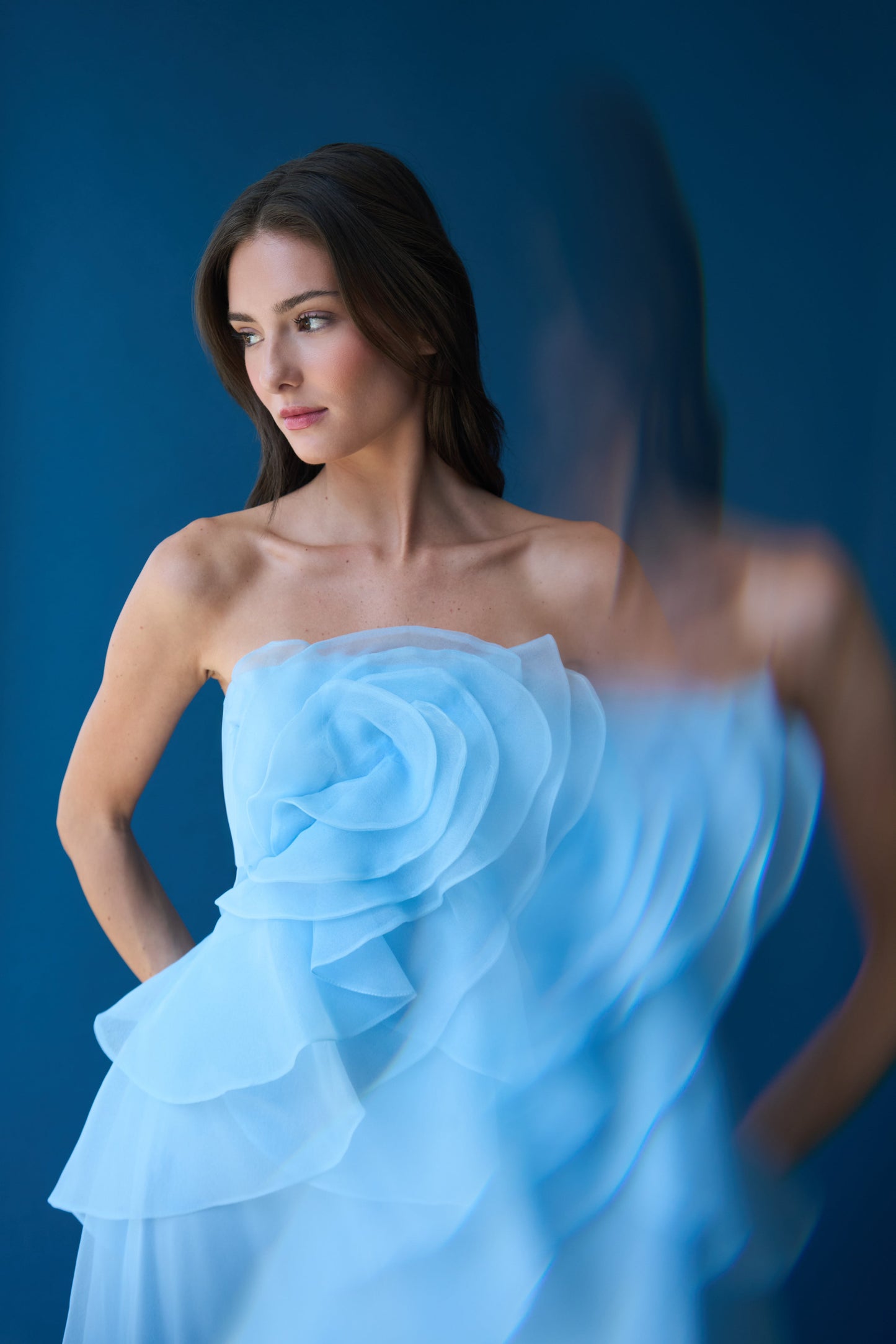 mandy off-shoulder flower ruffle maxi dress - blue