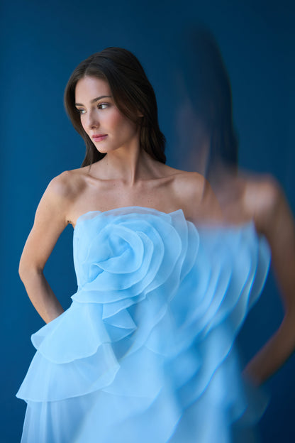 mandy off-shoulder flower ruffle maxi dress - blue