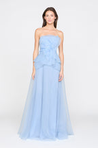 mandy off-shoulder flower ruffle maxi dress - blue