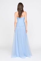 mandy off-shoulder flower ruffle maxi dress - blue