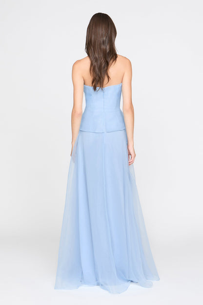 mandy off-shoulder flower ruffle maxi dress - blue