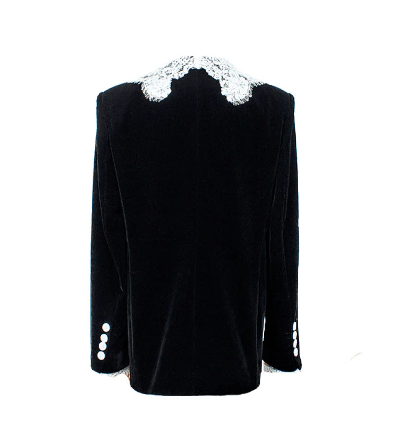 Flowering Girl Women lace-neck velvet blazer in black