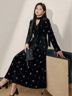 Yuri v-Neck Floral Embroidered Velvet Maxi Dress In Black