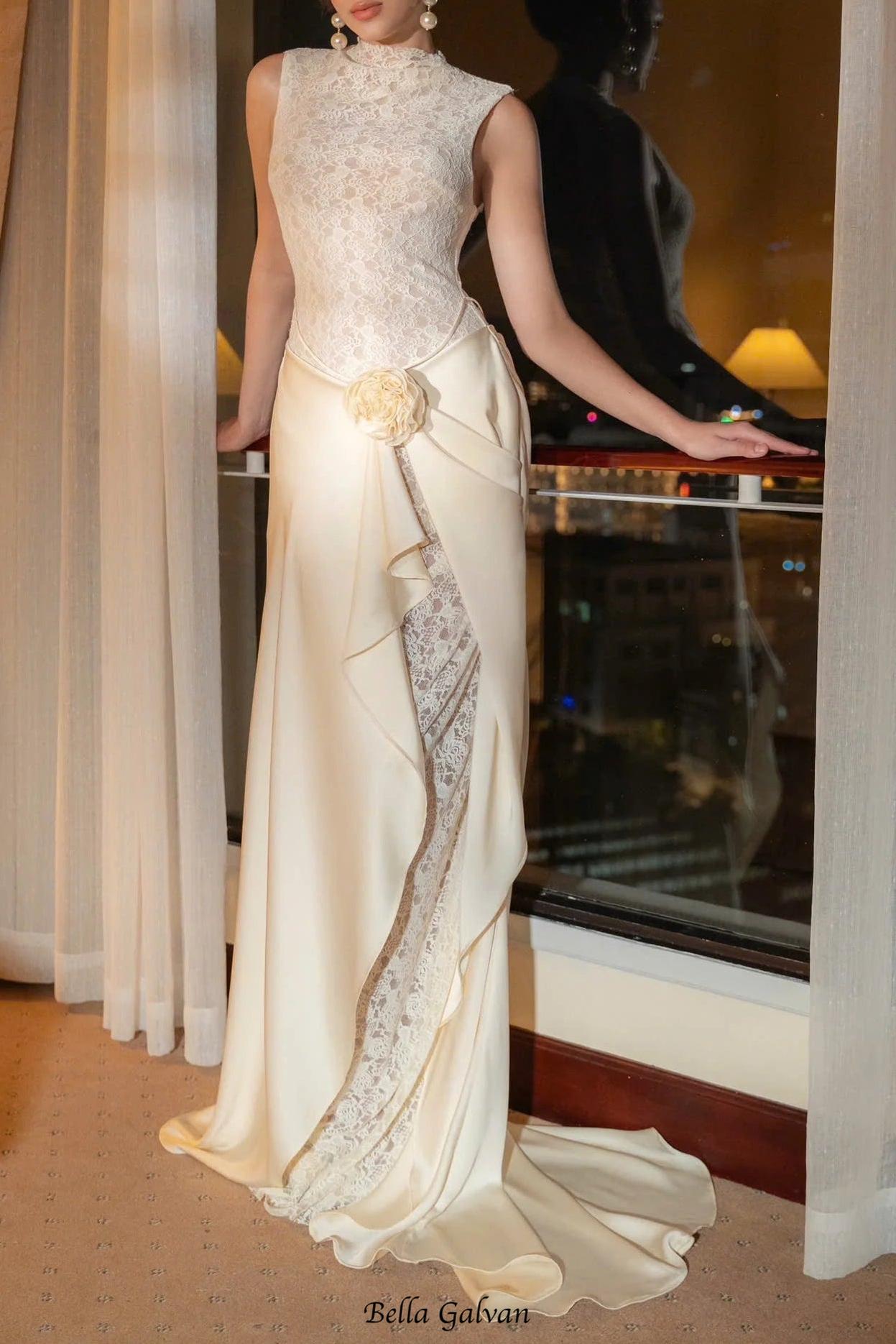 giselle flower embellished sleeveless lace maxi dress  in white
