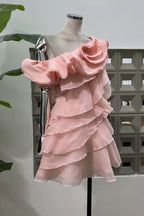 Shelyn Flower One Shoulder Ruffle Mini Dress - Pink