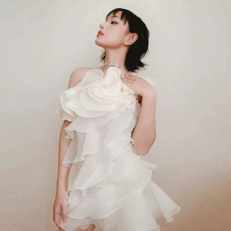 Flowering Girl Women Shelyn Flower One Shoulder Ruffle Mini Dress - Beige