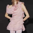 Shelyn Flower One Shoulder Ruffle Mini Dress - Pink