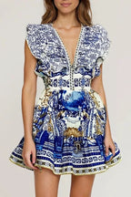 Printed Plunge Neck Mini Dress