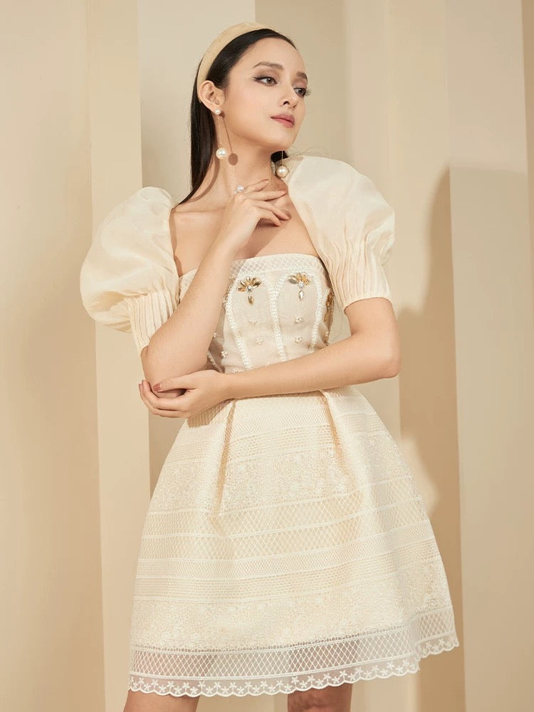 Flowering Girl Women Teresa Beige A-Line Straight Across Neck Lace Mini Dress