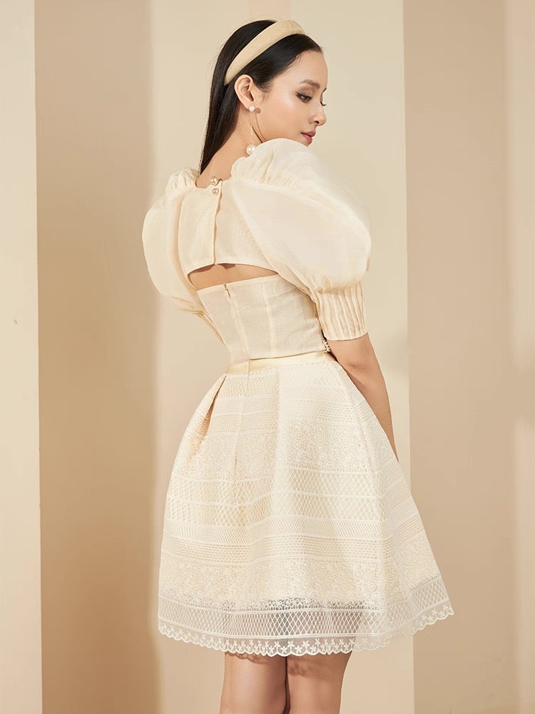 Flowering Girl Women Teresa Beige A-Line Straight Across Neck Lace Mini Dress