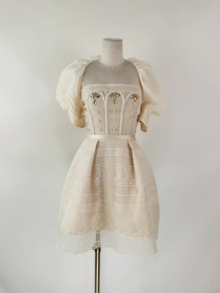 Flowering Girl Women Teresa Beige A-Line Straight Across Neck Lace Mini Dress