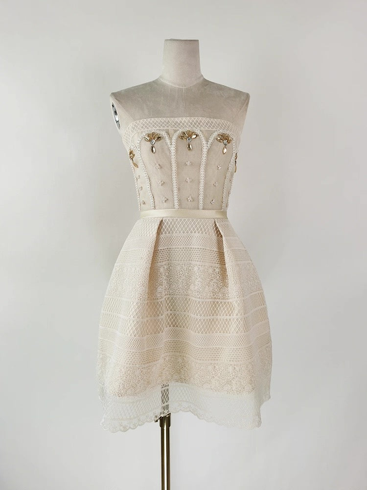 Flowering Girl Women Teresa Beige A-Line Straight Across Neck Lace Mini Dress