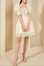 Flowering Girl Women Teresa Beige A-Line Straight Across Neck Lace Mini Dress