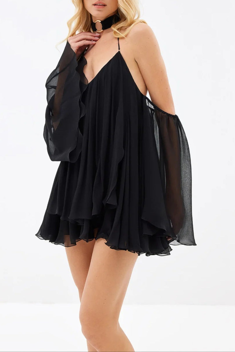 Flowering Girl Women Erica Halter Neck Lace-Up Backless Mini Dress - Black