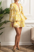 Flowering Girl Women Floral Romantic Mini Dress With Voluminous Sleeves And Peplum Detail - Yellow