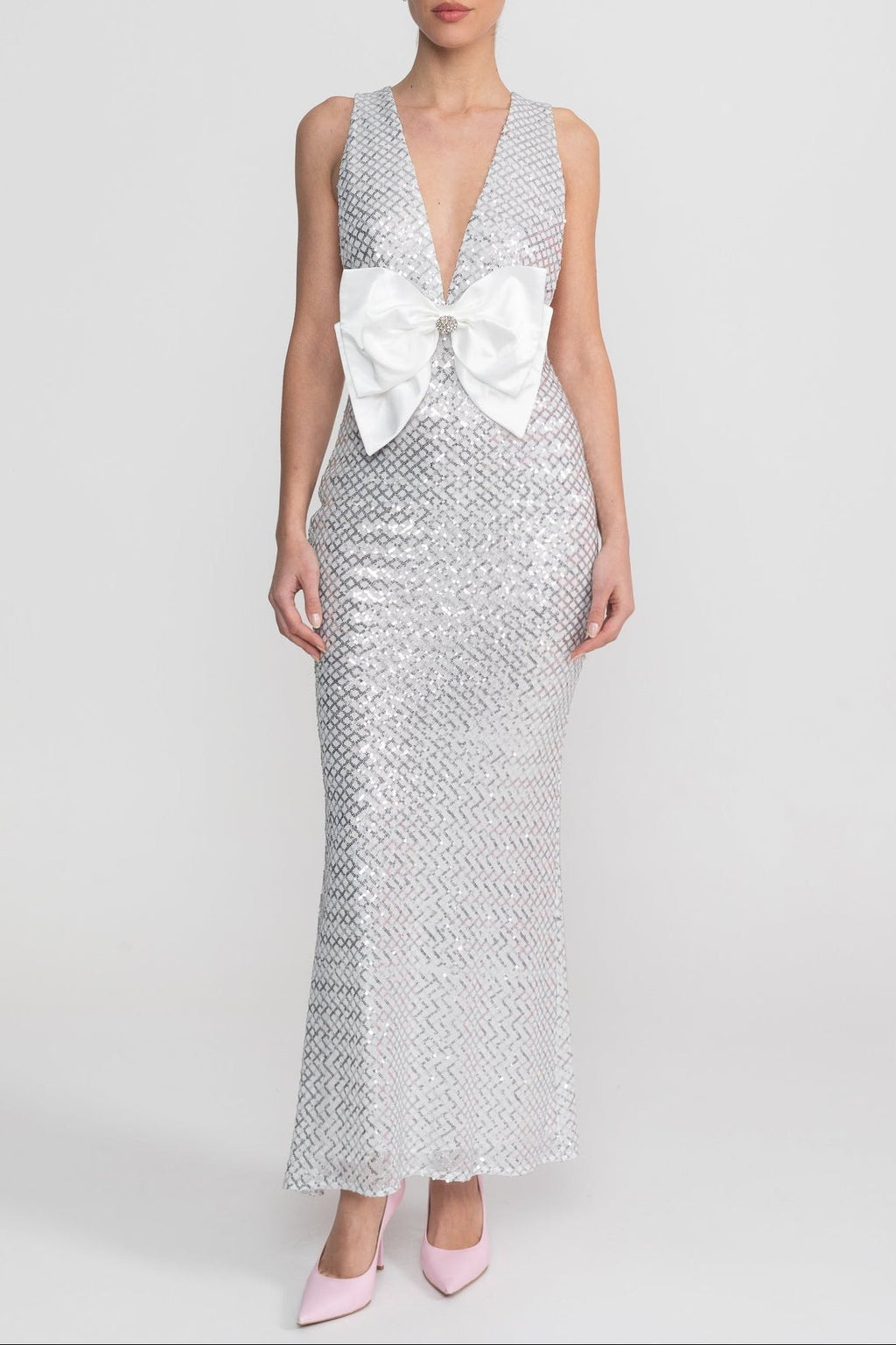 Flowering Girl Women Sequin Maxi Dress With Satin Bow Detail - Light Grey