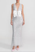 Flowering Girl Women Sequin Maxi Dress With Satin Bow Detail - Light Grey