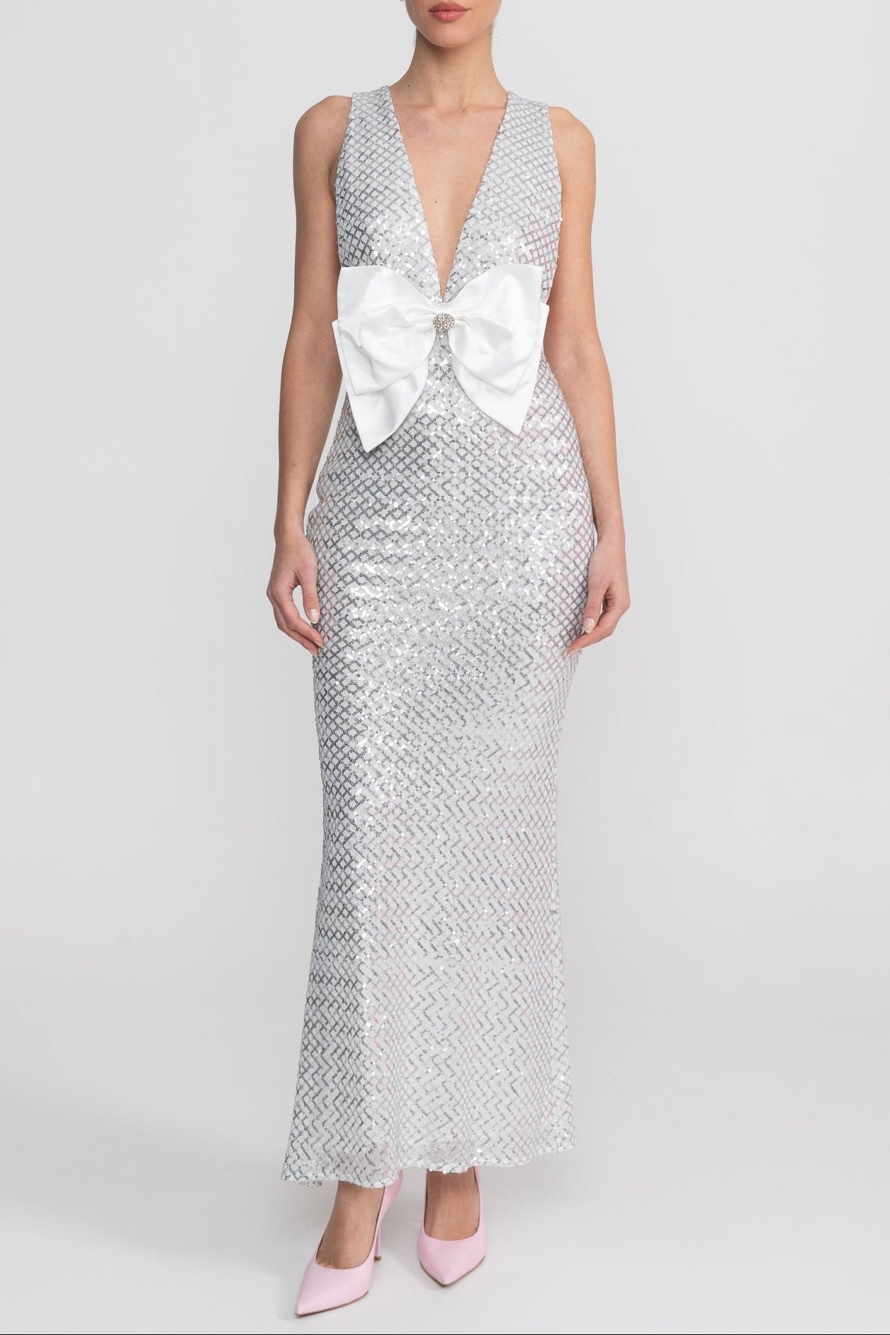 Flowering Girl Women Sequin Maxi Dress With Satin Bow Detail - Light Grey