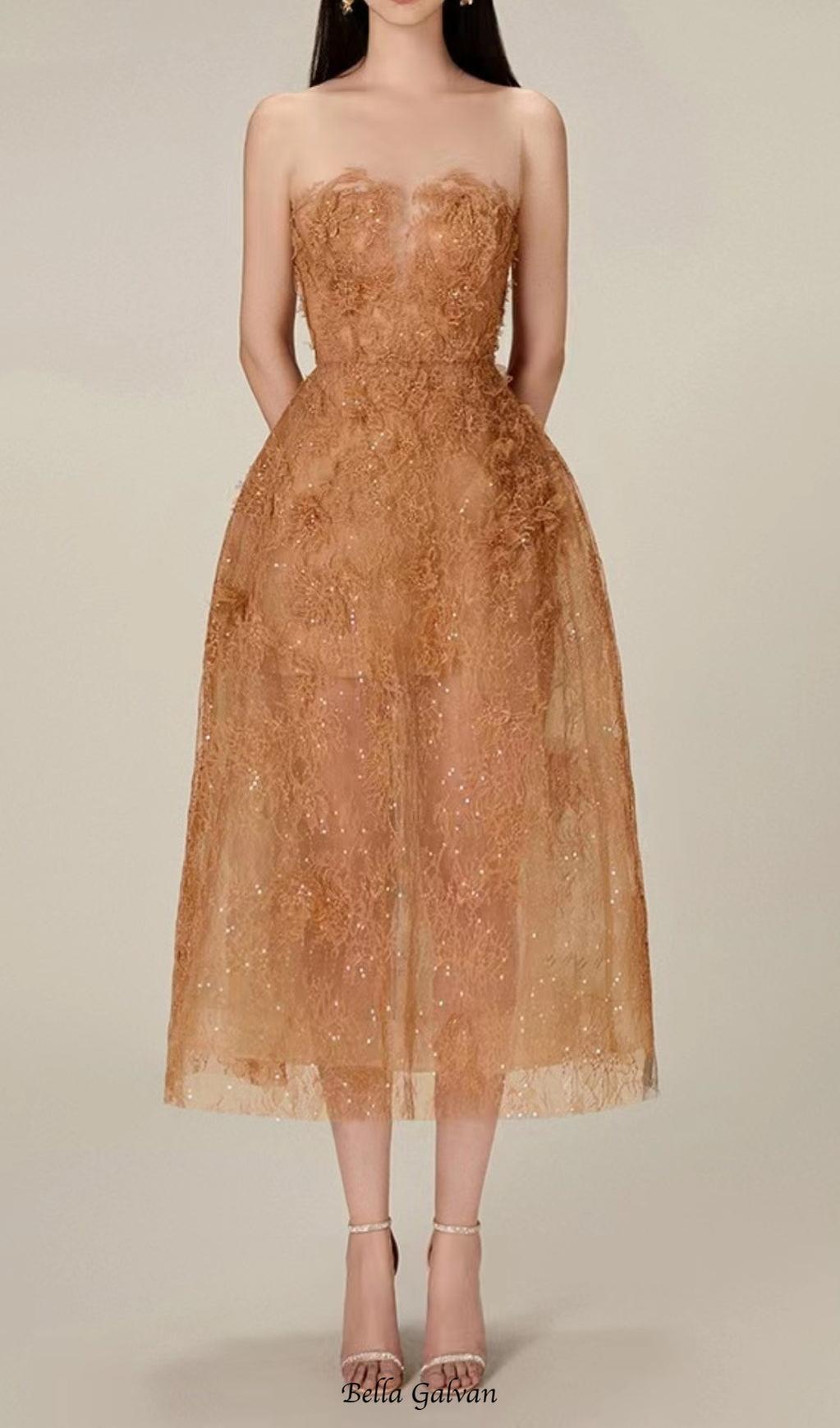 Flowering Girl Women CARAMEL FLORAL LACE EMBROIDER MIDI DRESS