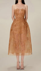 Flowering Girl Women CARAMEL FLORAL LACE EMBROIDER MIDI DRESS