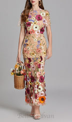 Flowering Girl Women FLORAL EMBROIDERY MESH FISHTAIL MIDI DRESS IN BROWN