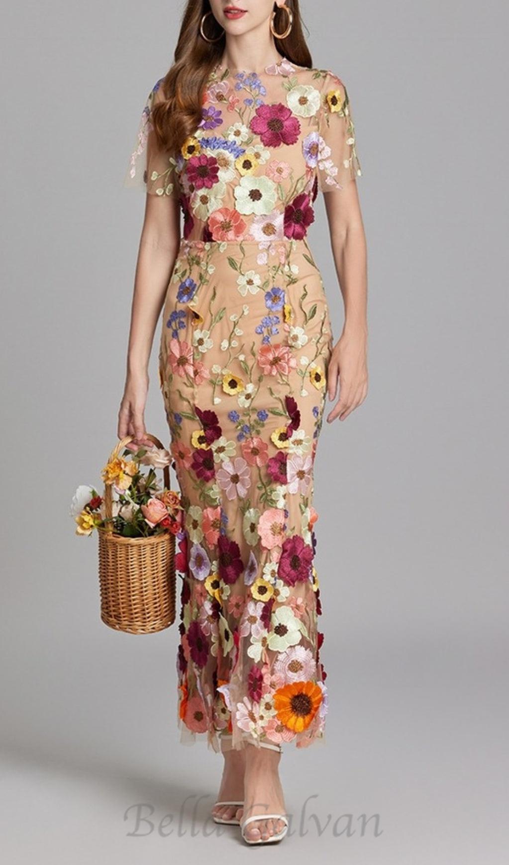 Flowering Girl Women FLORAL EMBROIDERY MESH FISHTAIL MIDI DRESS IN BROWN