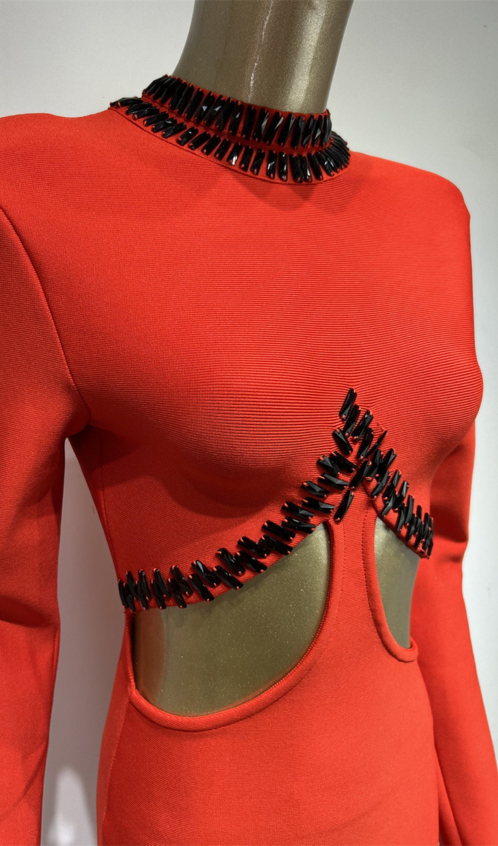 Flowering Girl Women RHINESTONE CUTOUT FEATHER BANDAGE DRESS IN RED
