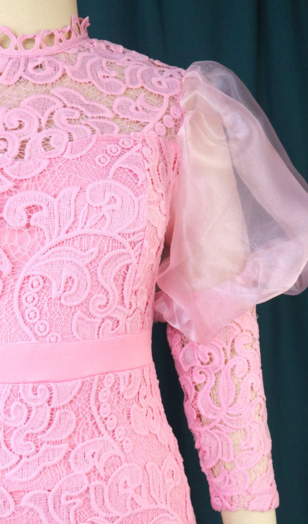 Flowering Girl Women Pink Puff Sleeve Lace Midi Dress