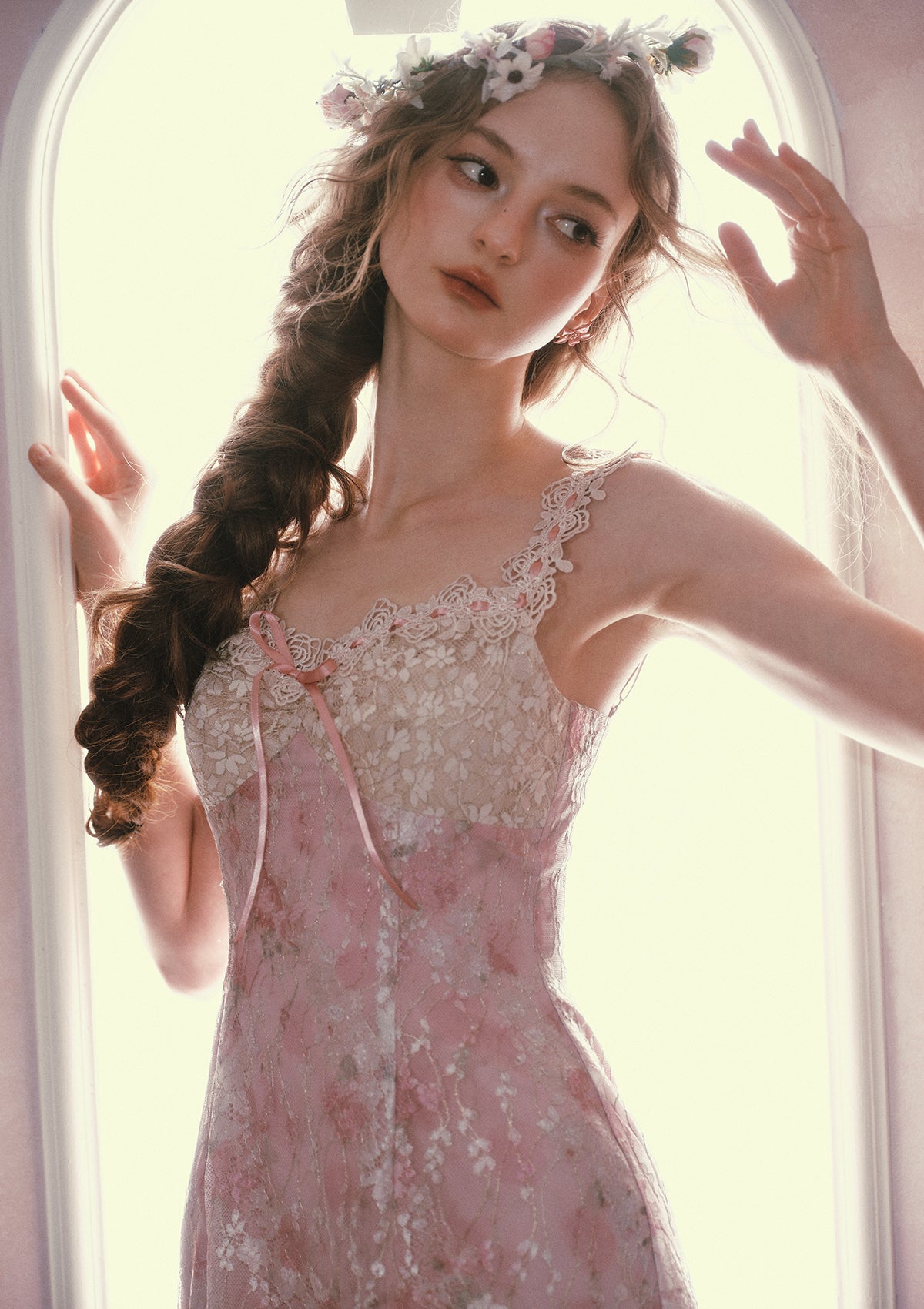Flowering Girl Women mandy Floral lace embroidery midi dress - pink