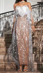 Flowering Girl Women bella Codruta Strapless Leafy Fringe Maxi Dress In Sliver