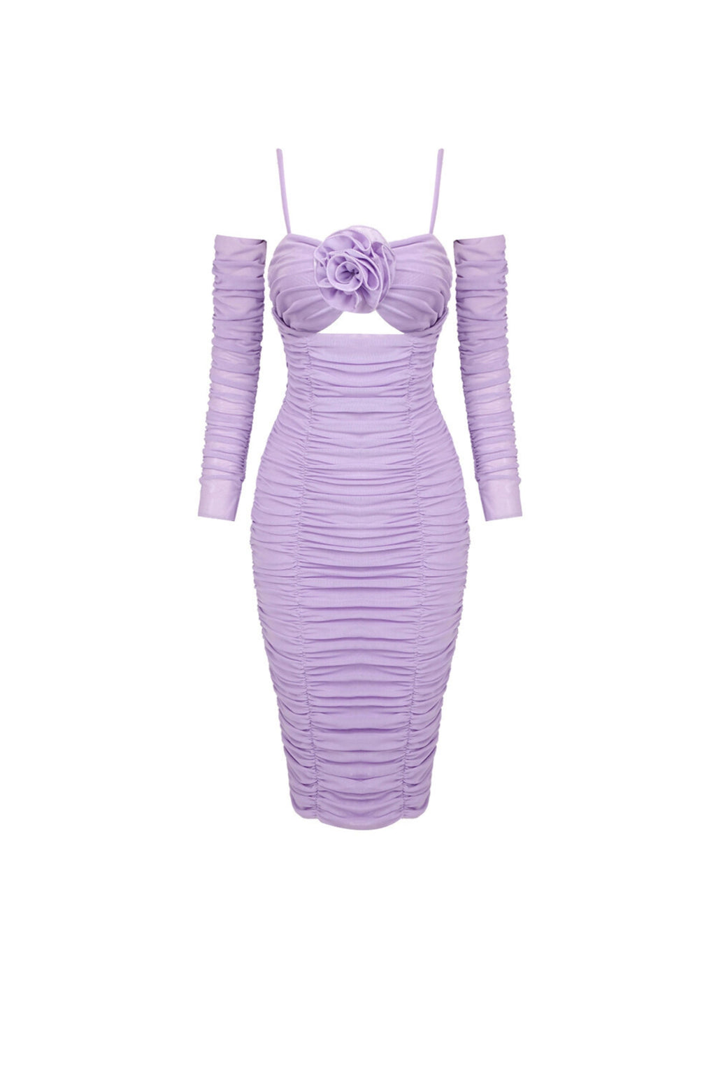 Flowering Girl Women Khloe Lilac Midi Ruched Dress With Flower Detail