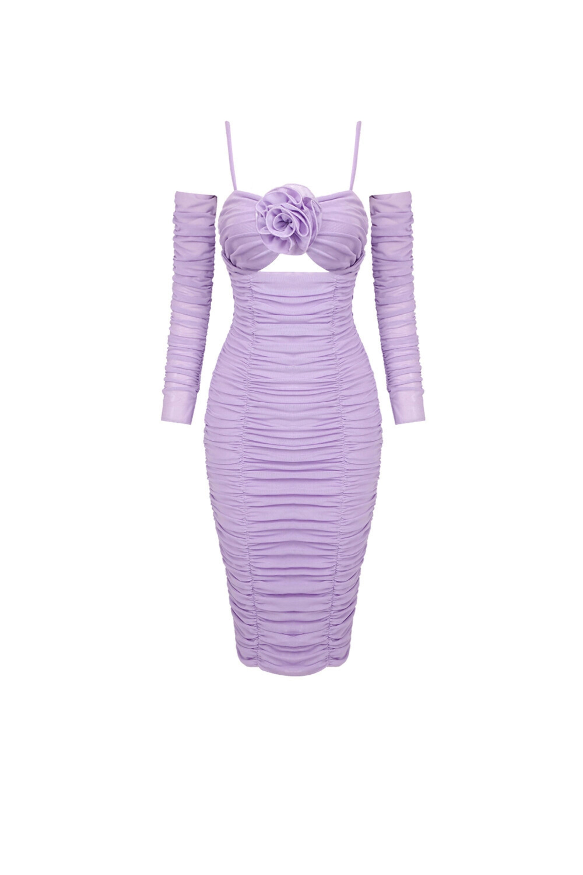 Flowering Girl Women Khloe Lilac Midi Ruched Dress With Flower Detail