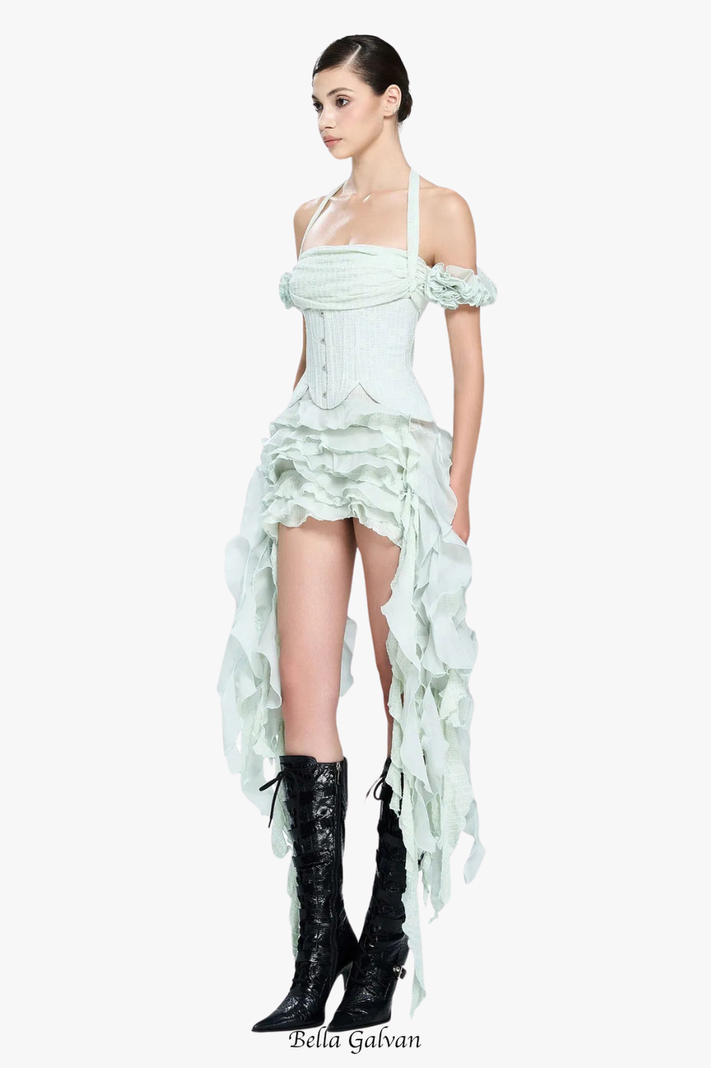 Flowering Girl Women elva halter three-dimensional flower irregular tassel mini dress in mint