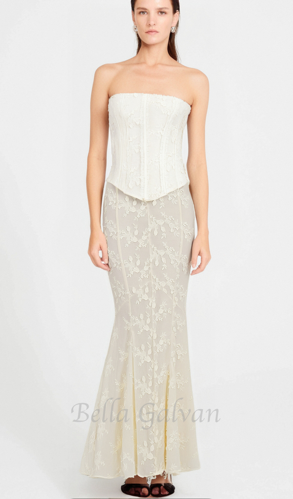 Flowering Girl Women vintage ivory embroidered strapless corset skirt suit