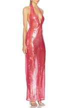 Flowering Girl Women Zora Sheer Sequin Deep V Neck Gown In Pink Red