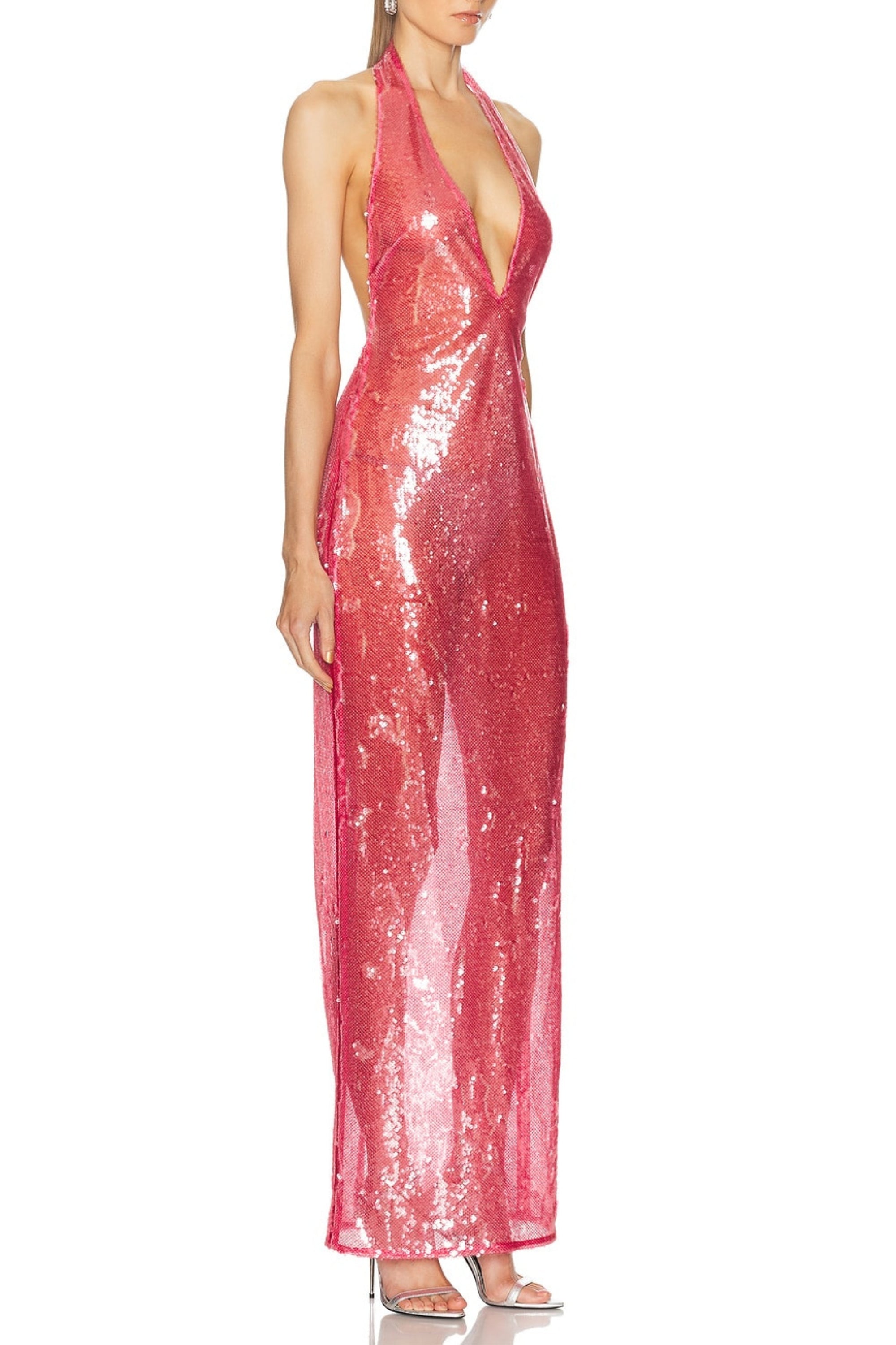 Flowering Girl Women Zora Sheer Sequin Deep V Neck Gown In Pink Red