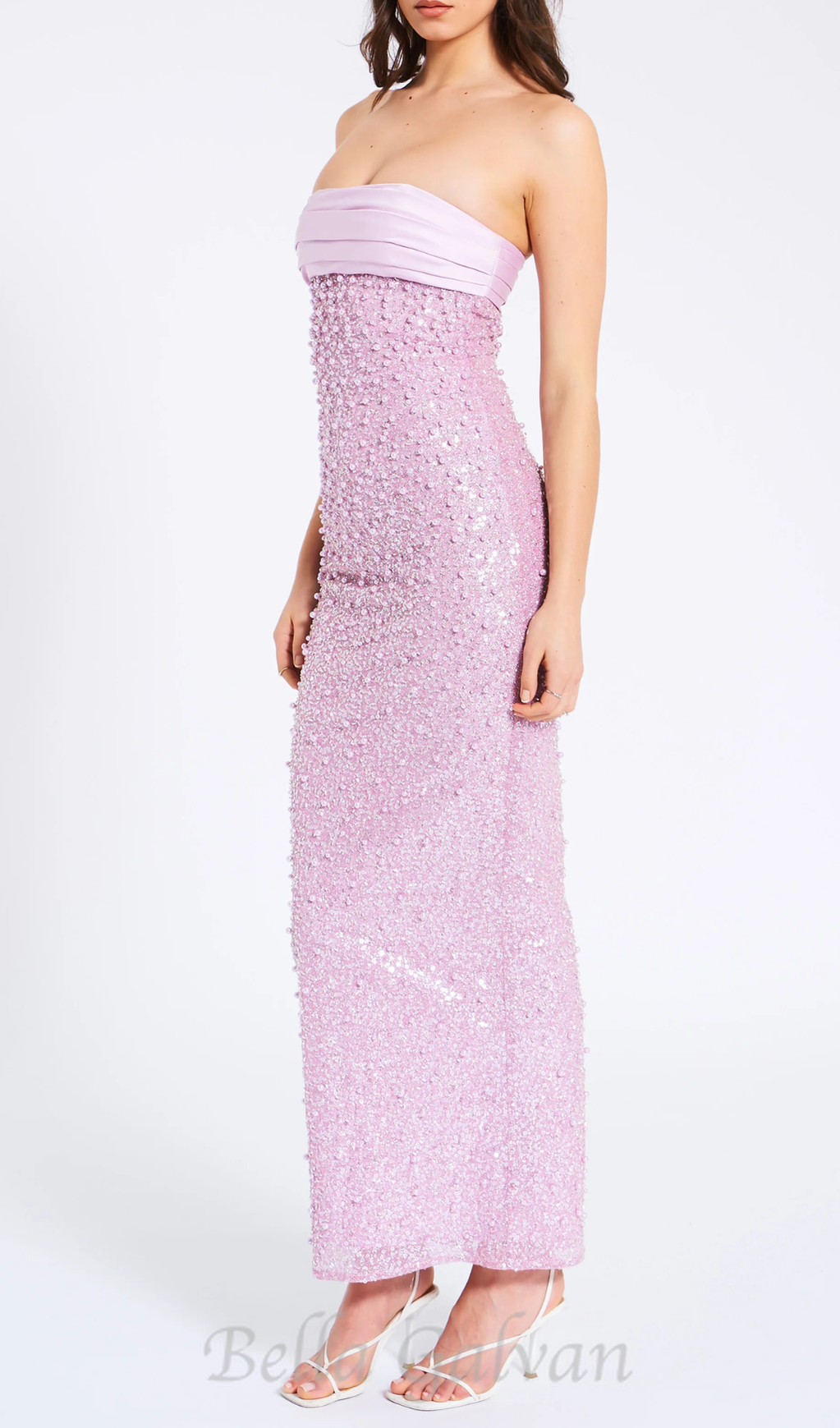 Flowering Girl Women PINK SATIN SEQUIN PEARLS BEADED MAXI DRESS