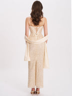 Raizel Gold Beaded Sequin Bodycon Gown With Scarf