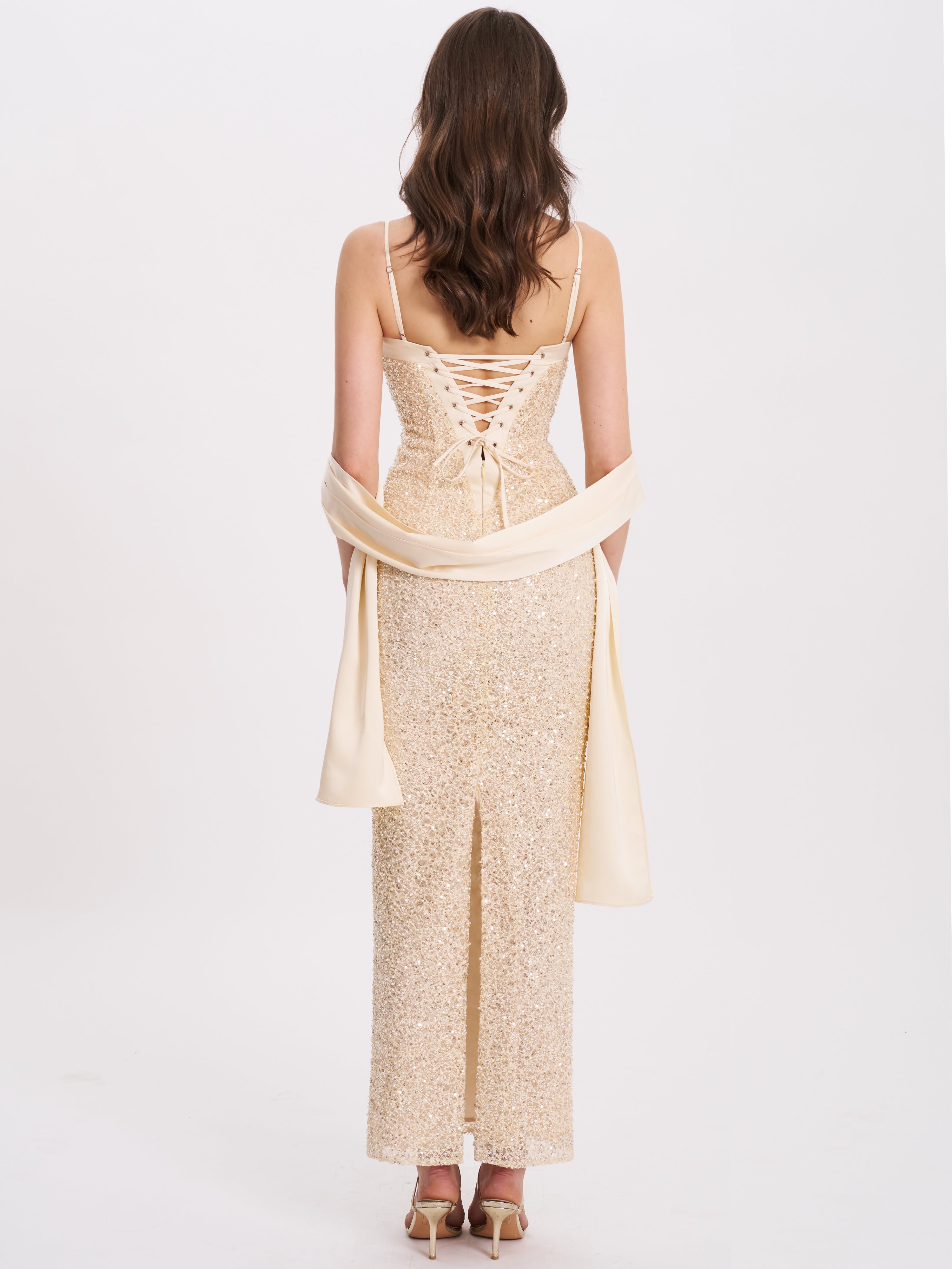 Raizel Gold Beaded Sequin Bodycon Gown With Scarf
