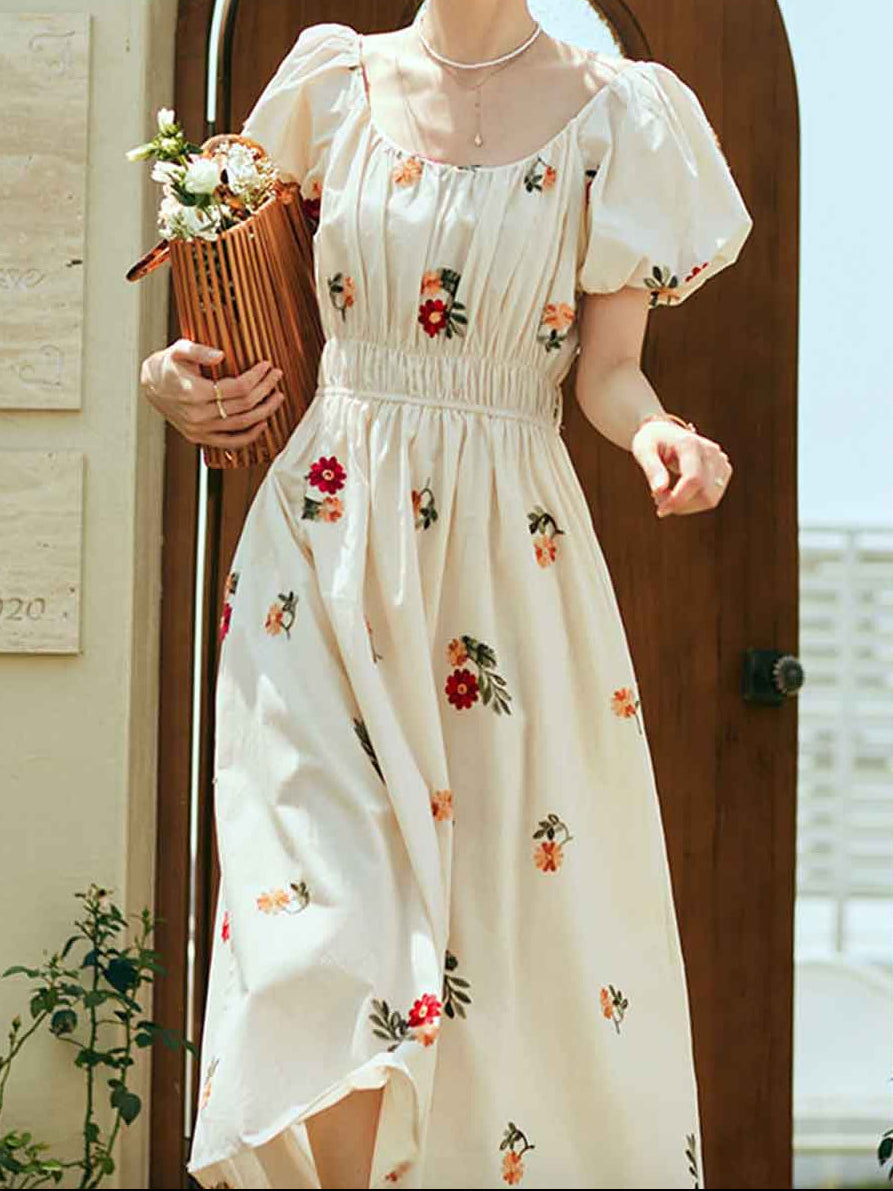 rosalind Retro Embroidered Puff Sleeve Dress