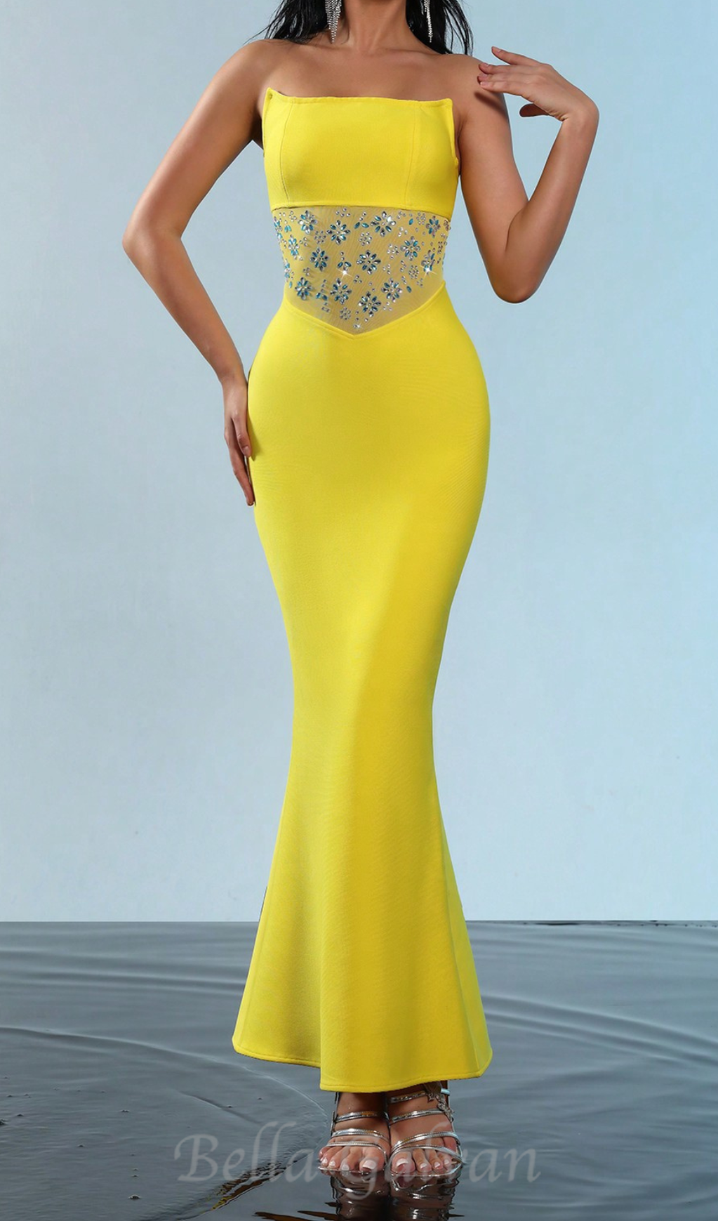 Flowering Girl Women mesh splice rhinestone decor yellow maxi bandage dress