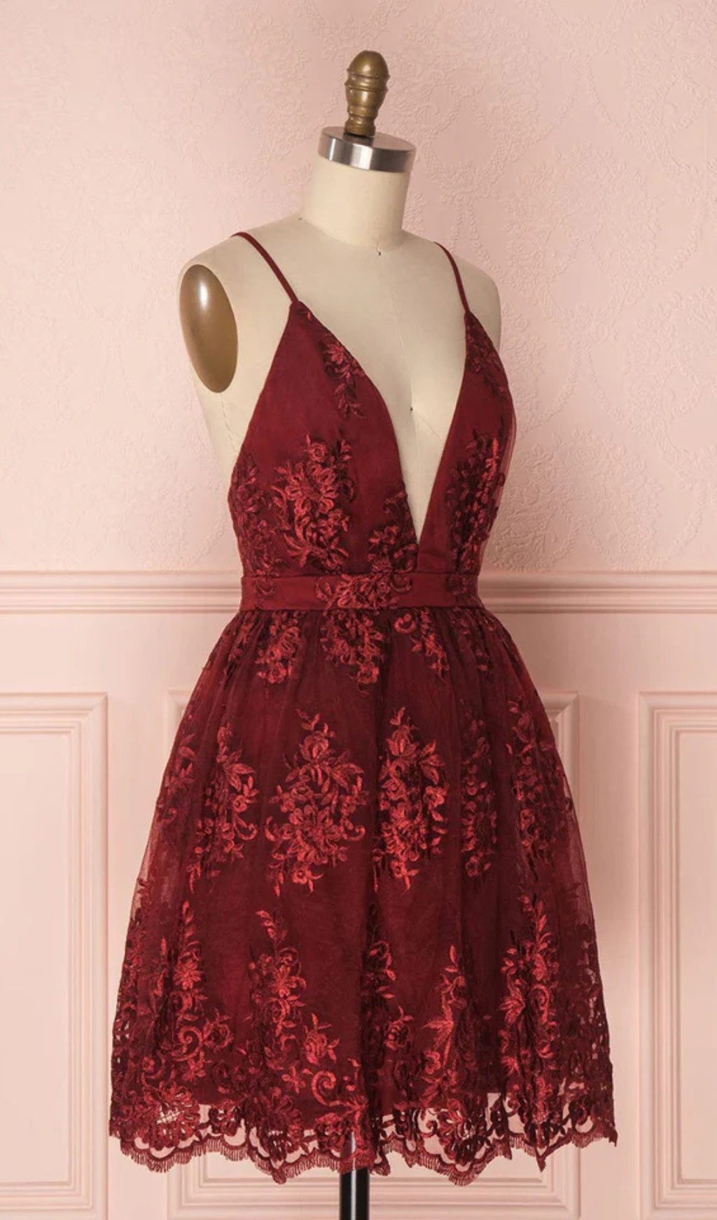 Flowering Girl Women V Neck Tulle Lace Short Burgundy Prom Dresses