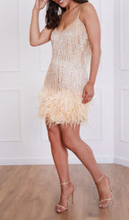 Champagne Tassel Feather Mini Dress